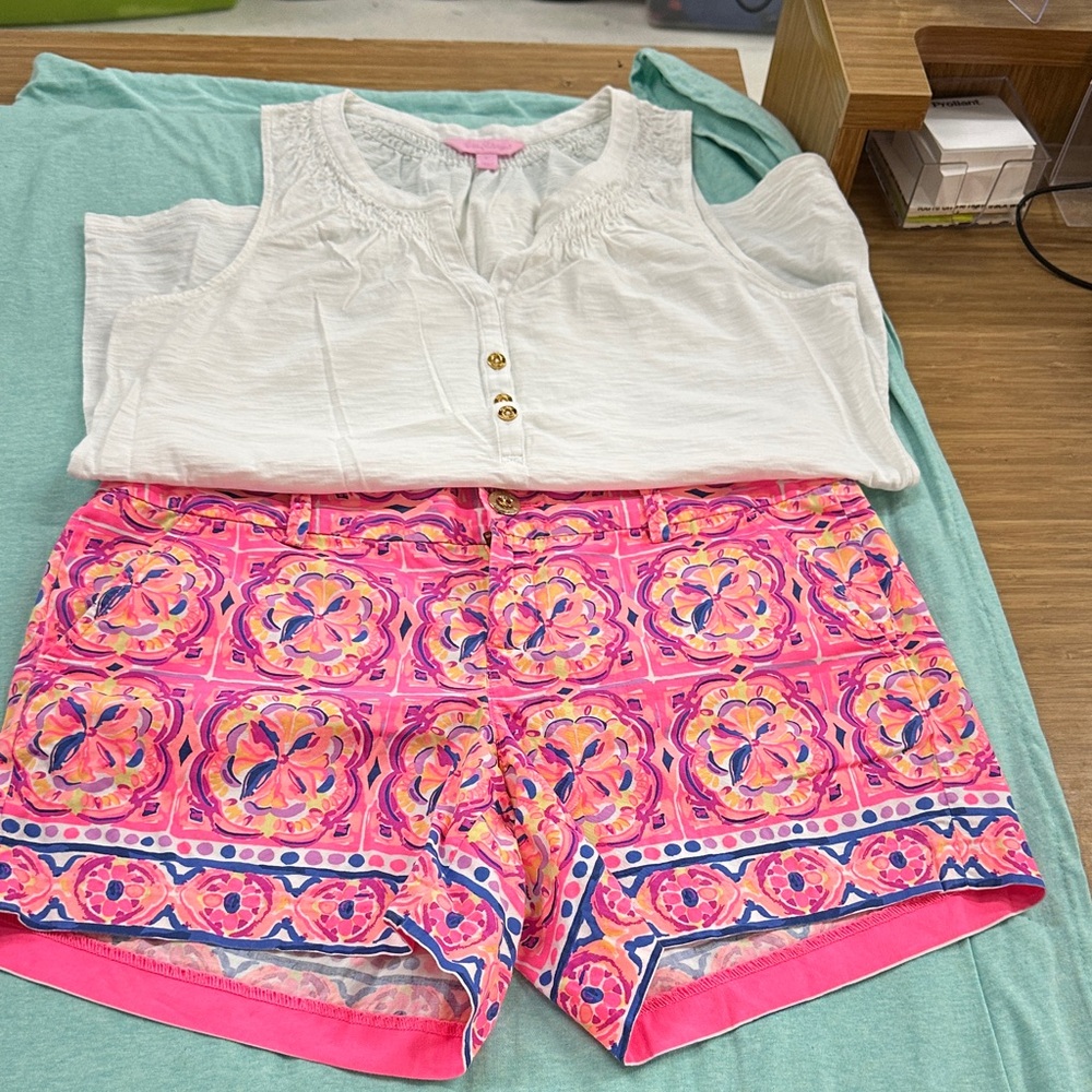 Lilly Pulitzer Vibrant Pink and Orange Patterned Shorts and white tank top
